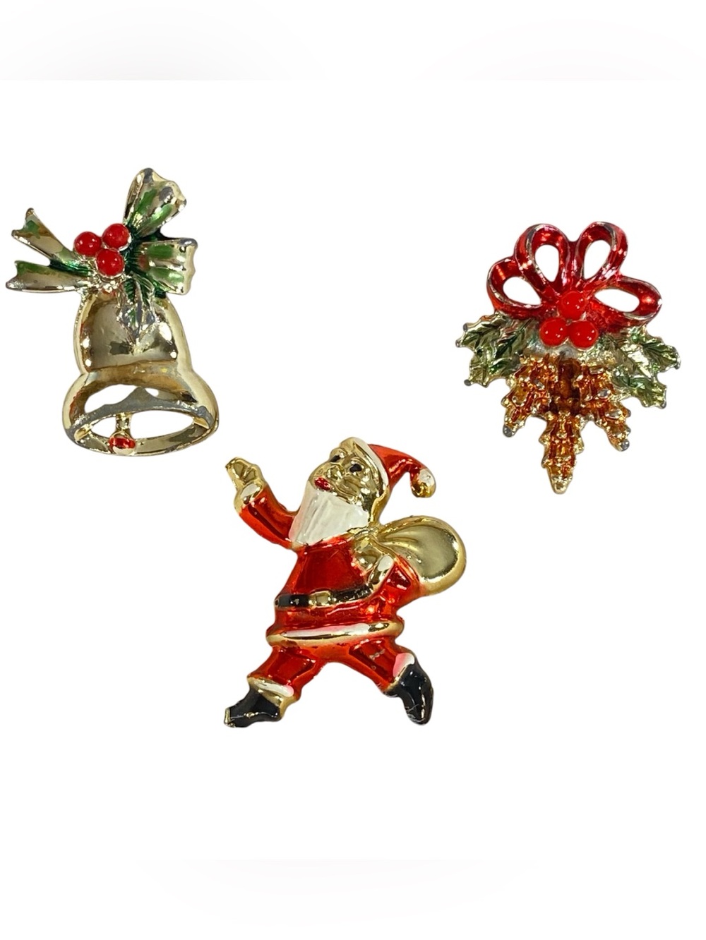 Vintage Gold Tone Christmas Pin Trio Santa Hoilday Bell Pine Cone Festive Brooch